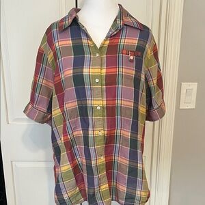 Vintage L.L. Bean Women’s Multicolor Plaid Short-Sleeve Button-Down Camp Shirt L